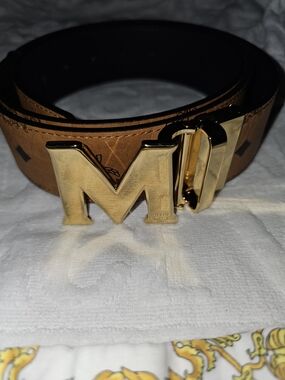 MCM Cognac Logo Belt with Gold M Buckle